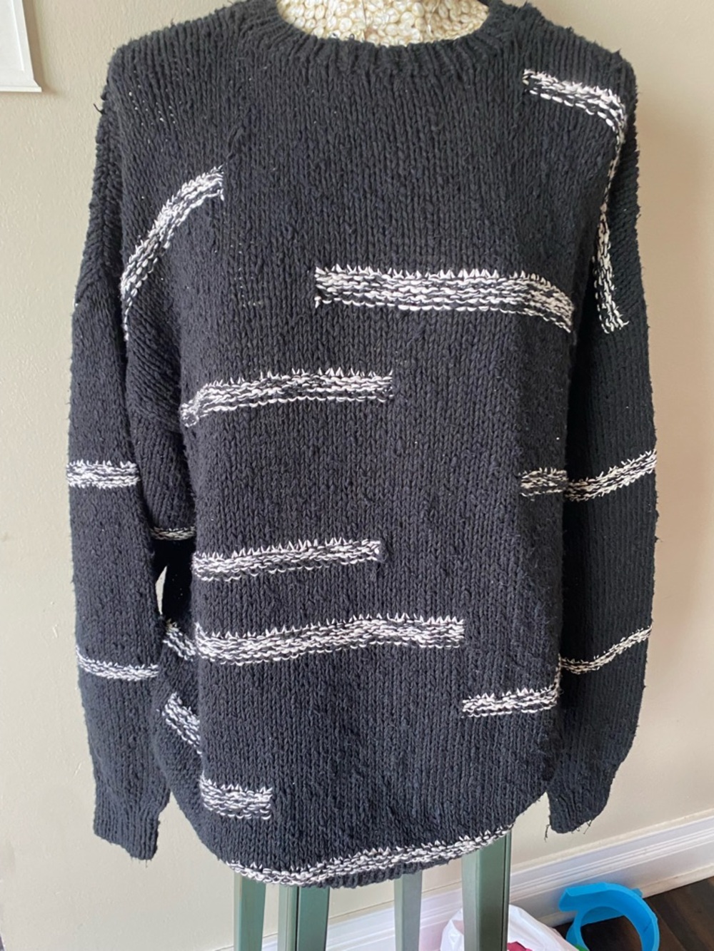 Vintage 90s Claiborne Black Crewneck Sweater with White Stripe Accents
